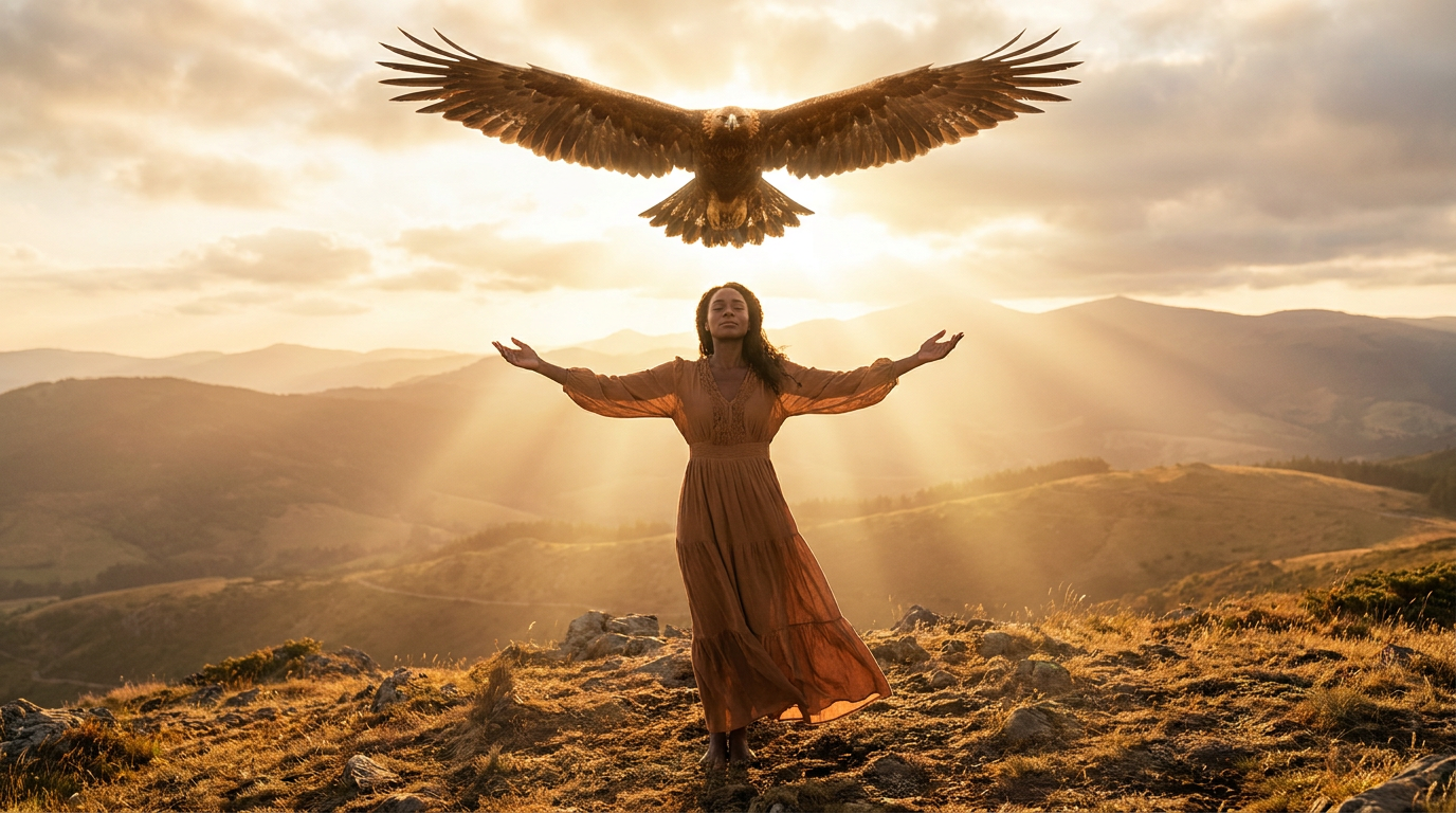 A person in prayer with eagle wings rising, inspired by Isaiah 40:31