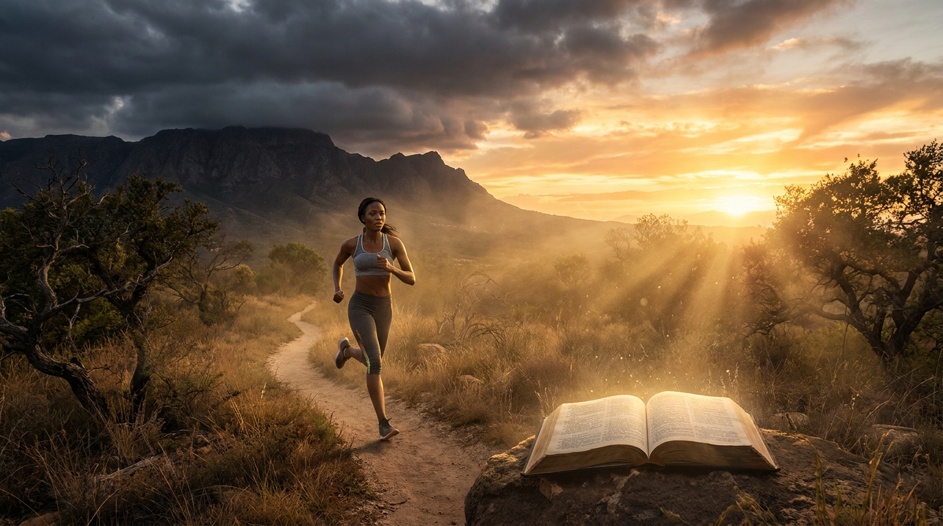 An open Bible with a runner in the background, symbolizing running the race of faith