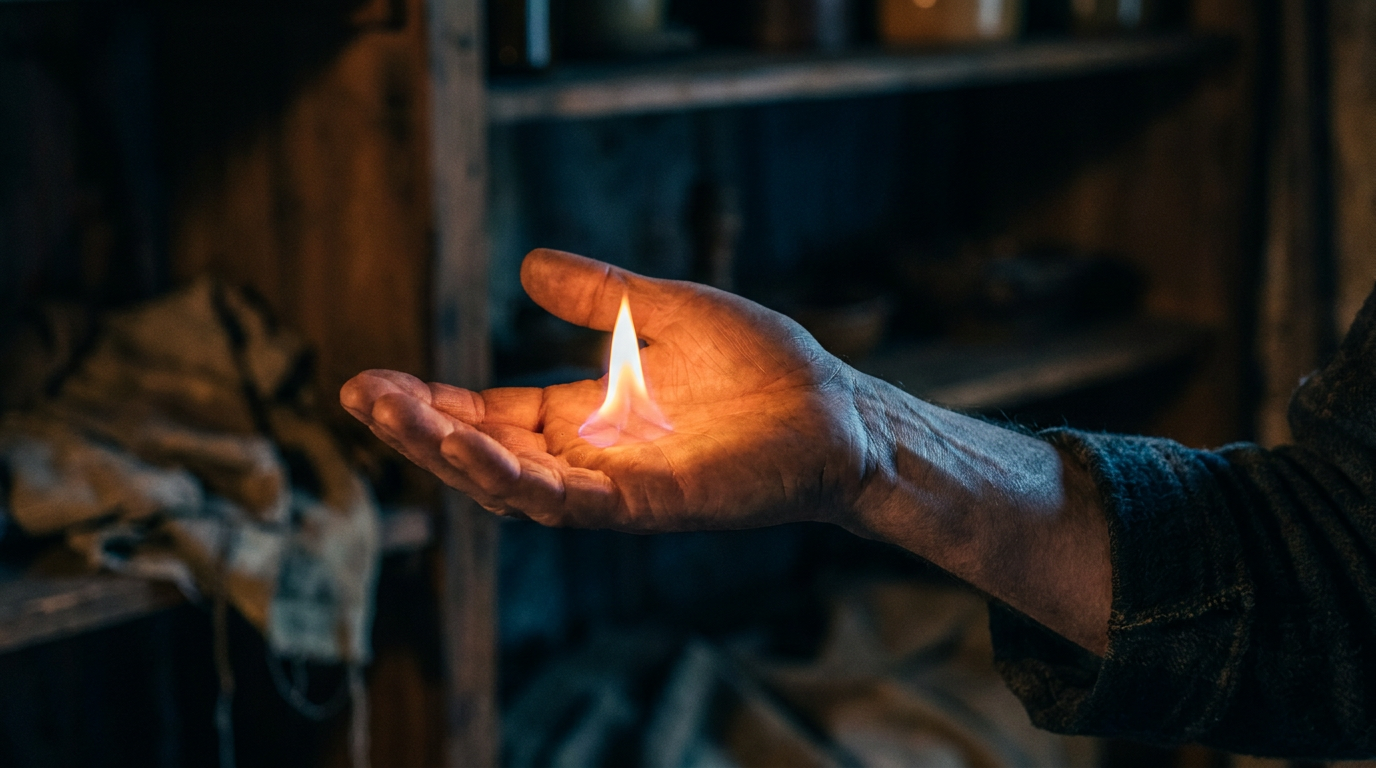 A flame on an open palm — representing the dual power of the tongue