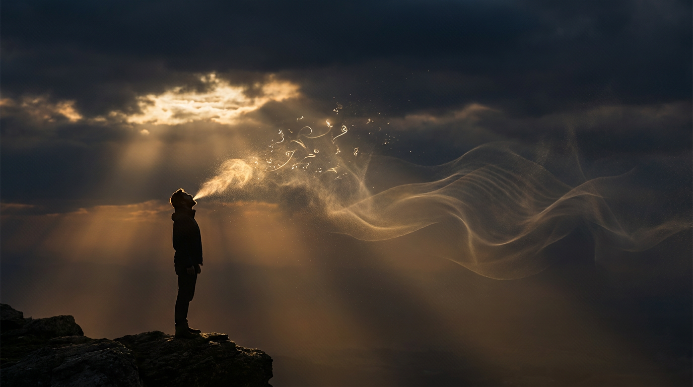 A person speaking golden words of light into the atmosphere — the power of spoken words