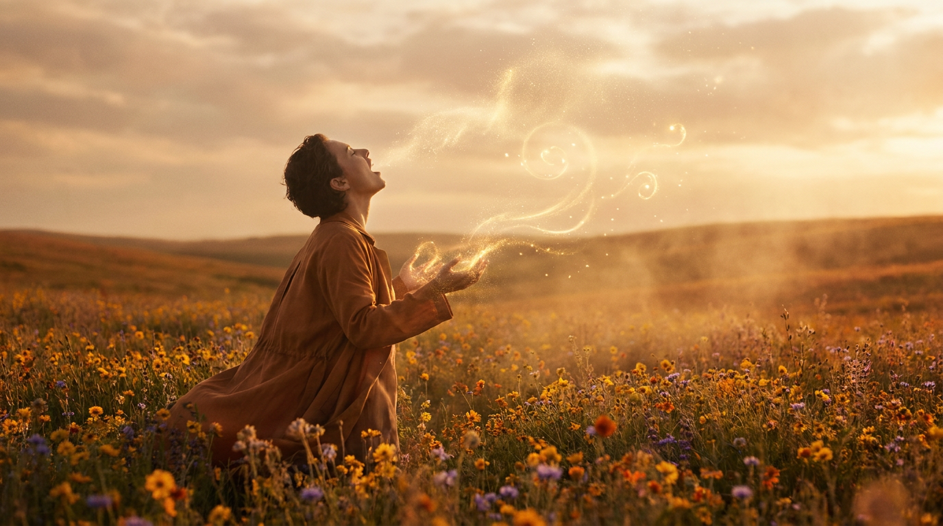 A person standing in a field of wildflowers speaking life into the atmosphere at golden hour