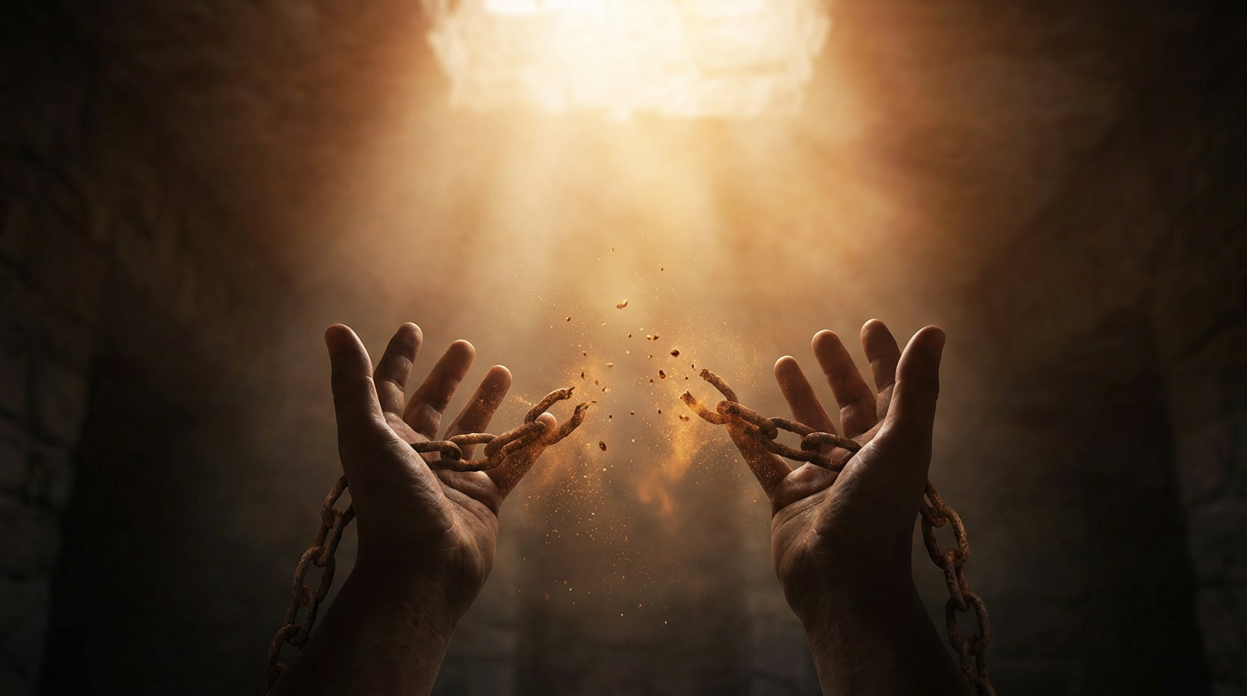 Broken chains falling from outstretched hands reaching toward golden light — freedom through repentance