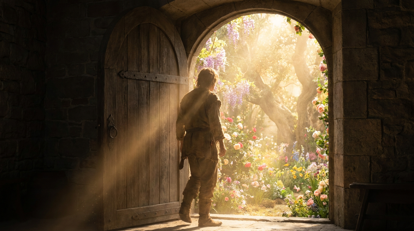 A person walking through a doorway from darkness into a sunlit garden — restoration through repentance