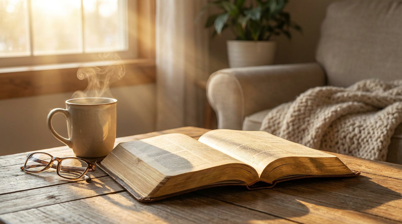 An open Bible with warm golden light streaming onto its pages — Scripture study and spiritual growth