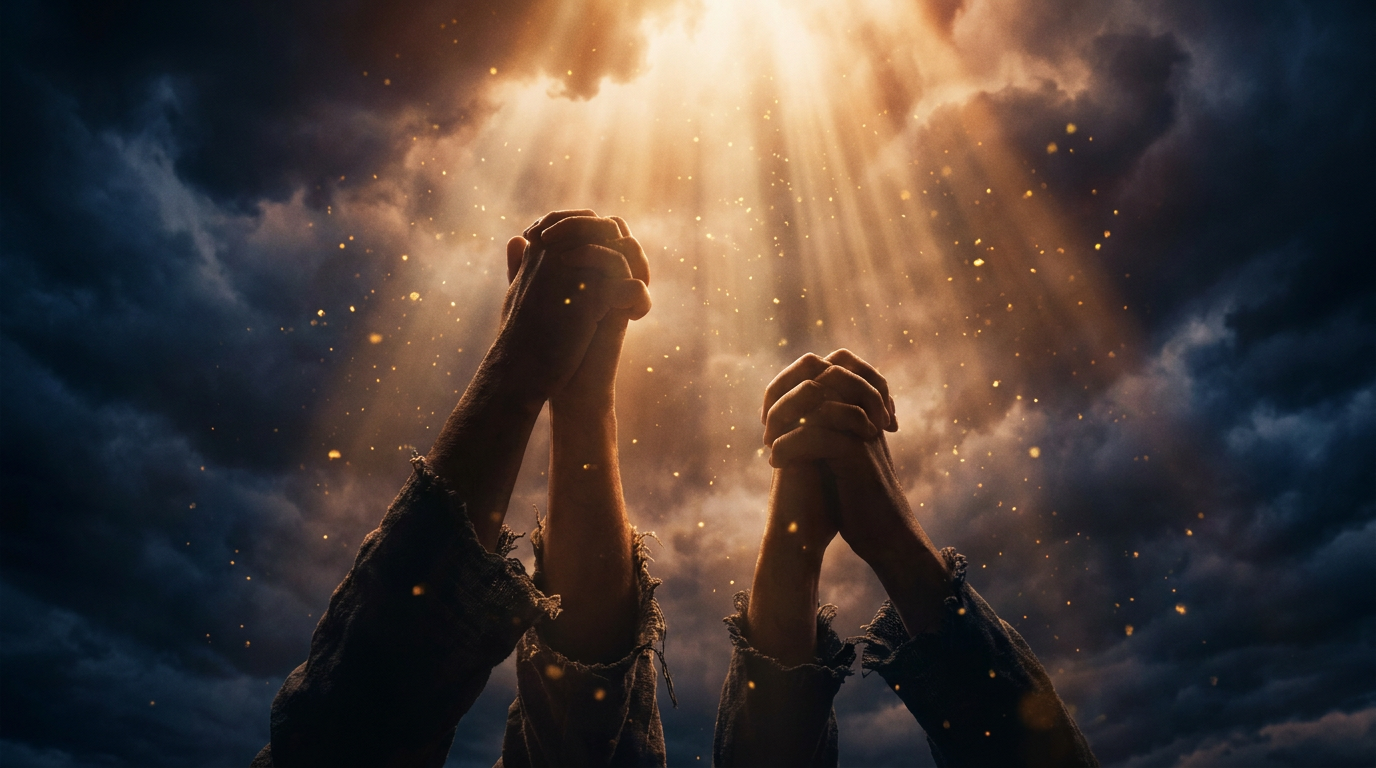 Hands reaching upward toward divine light — spiritual awakening moment