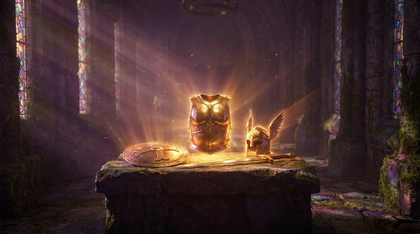 Glowing divine armor on a stone altar — the full Armor of God from Ephesians 6