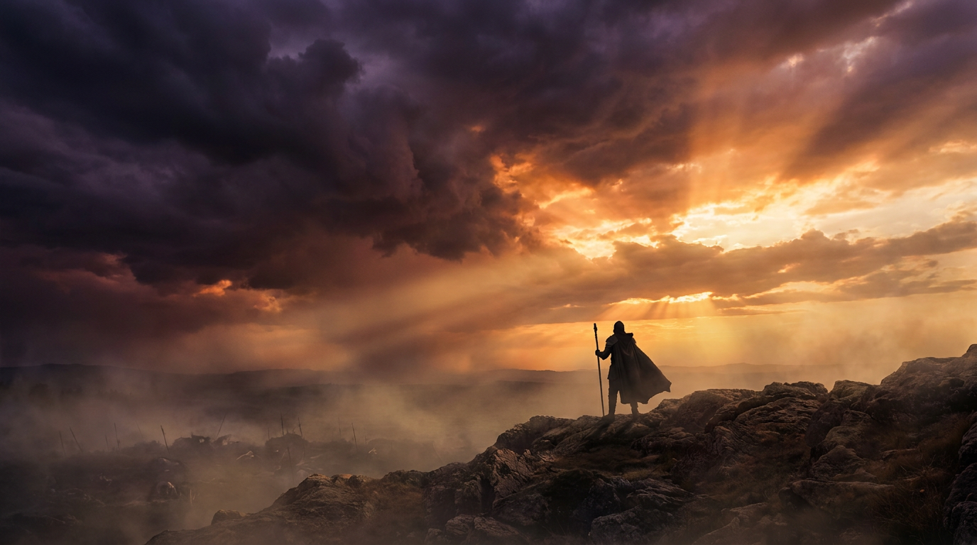 A lone warrior standing on a battlefield ridge at dawn as divine light conquers darkness — Spiritual Warfare