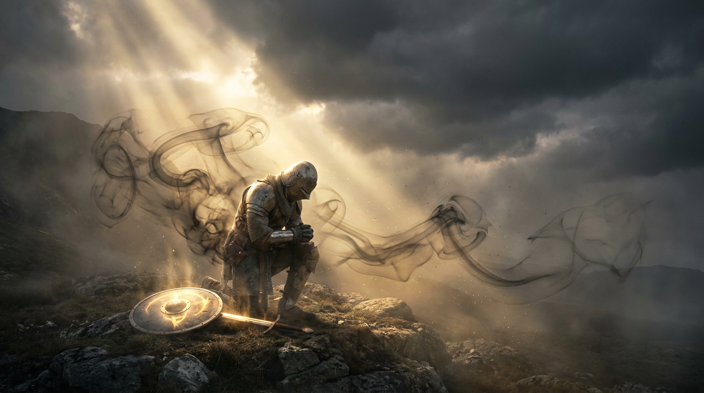 A warrior kneeling in prayer with divine light pushing back darkness — prayer as a weapon in spiritual warfare