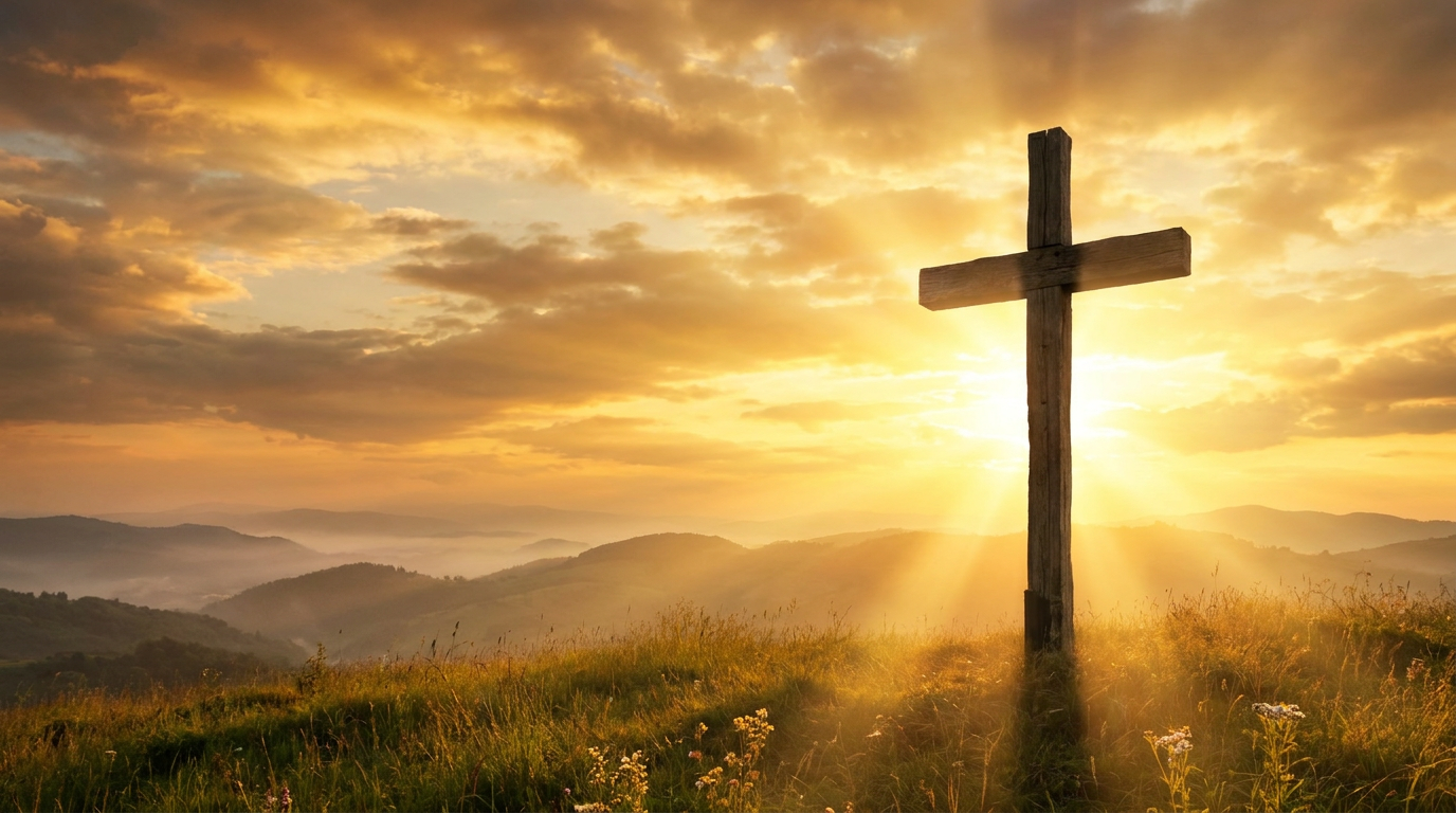 An empty cross on a hilltop at golden hour — the power of the Gospel