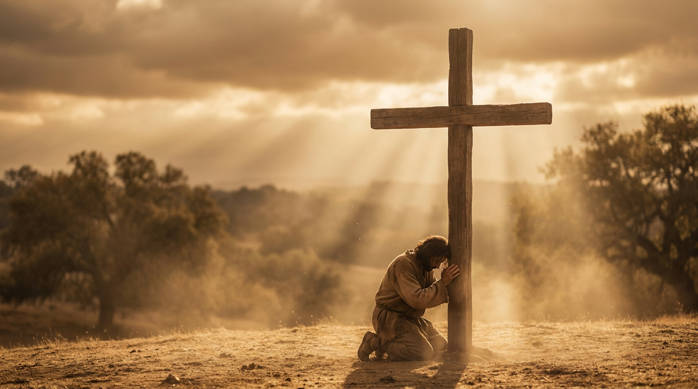 A person kneeling at the foot of the cross — receiving the Gospel