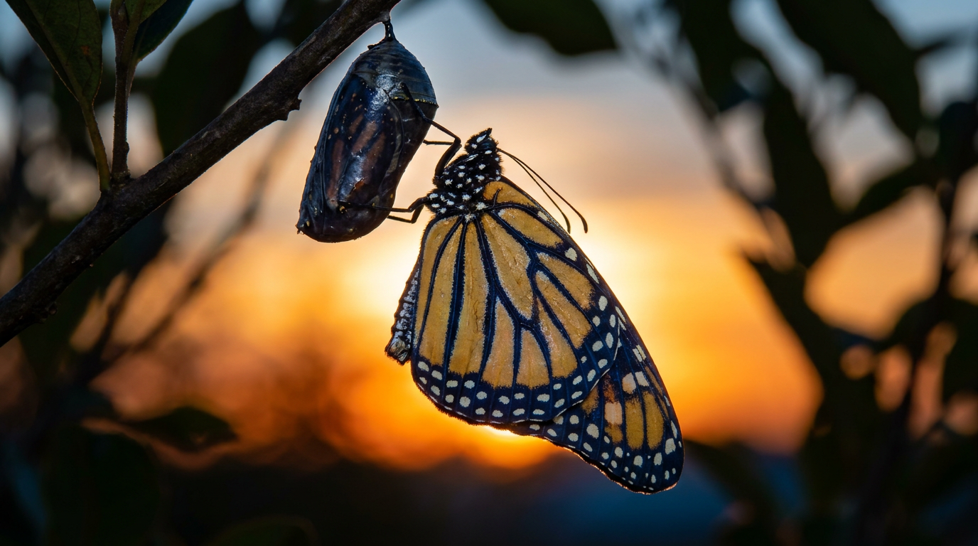 A butterfly emerging from a cocoon in brilliant sunrise light — transformation through the Gospel