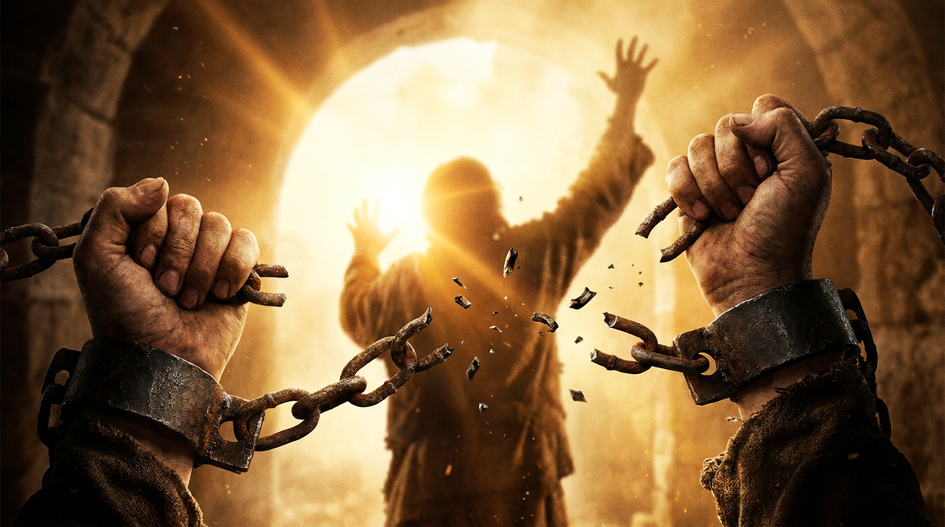 Chains breaking off as arms lift in freedom — breaking free from false labels