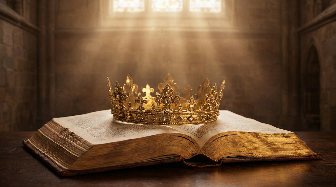 A golden crown resting on an open Bible — royalty and identity in Christ