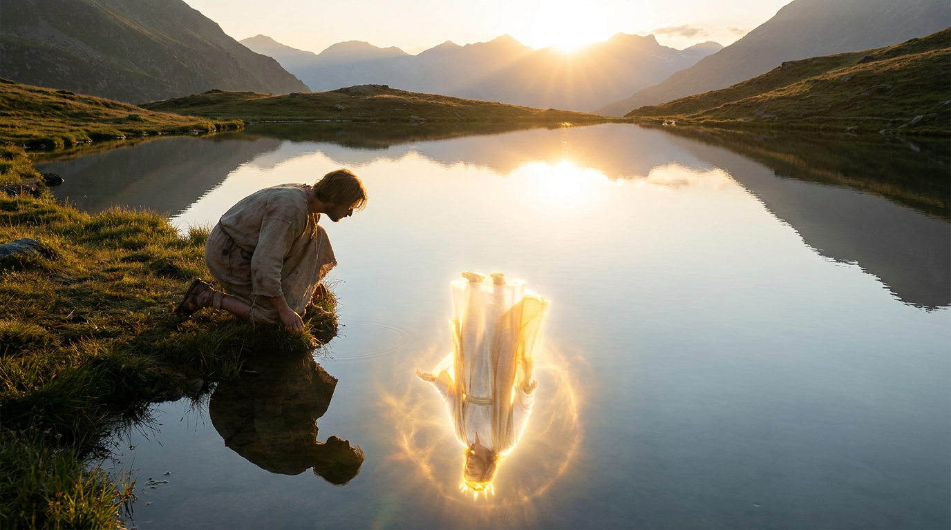 A person looking at their radiant reflection in still water — discovering true identity in Christ